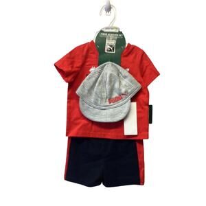 PUMA Boys Red & Black Short & Shirt w/ Cap 3Pc Set Size 3-6M